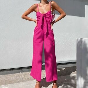 Commense Fuchsia Pink 100% Cotton Tie Front Wide Leg Jumpsuit NWT XS Pockets